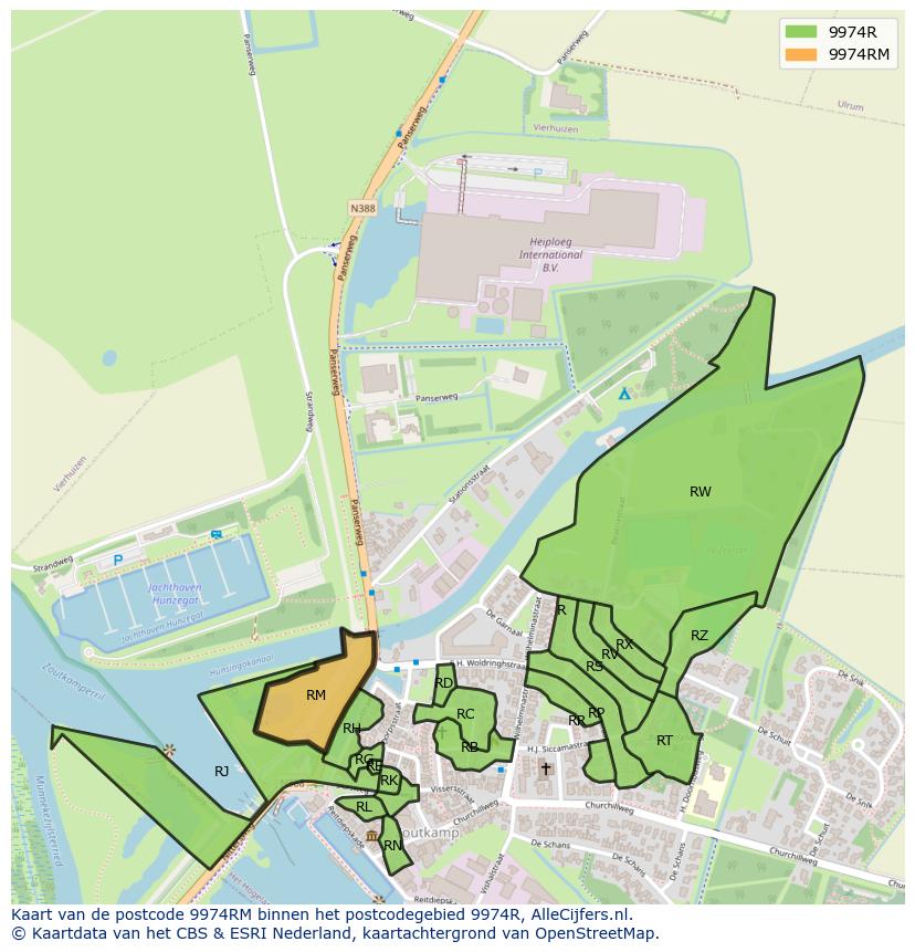 Afbeelding van het postcodegebied 9974 RM op de kaart.