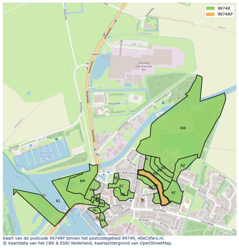 Afbeelding van het postcodegebied 9974 RP op de kaart.