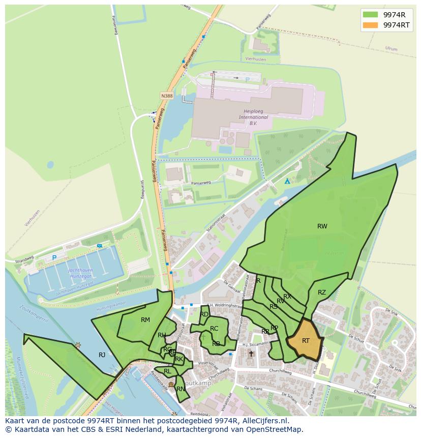 Afbeelding van het postcodegebied 9974 RT op de kaart.