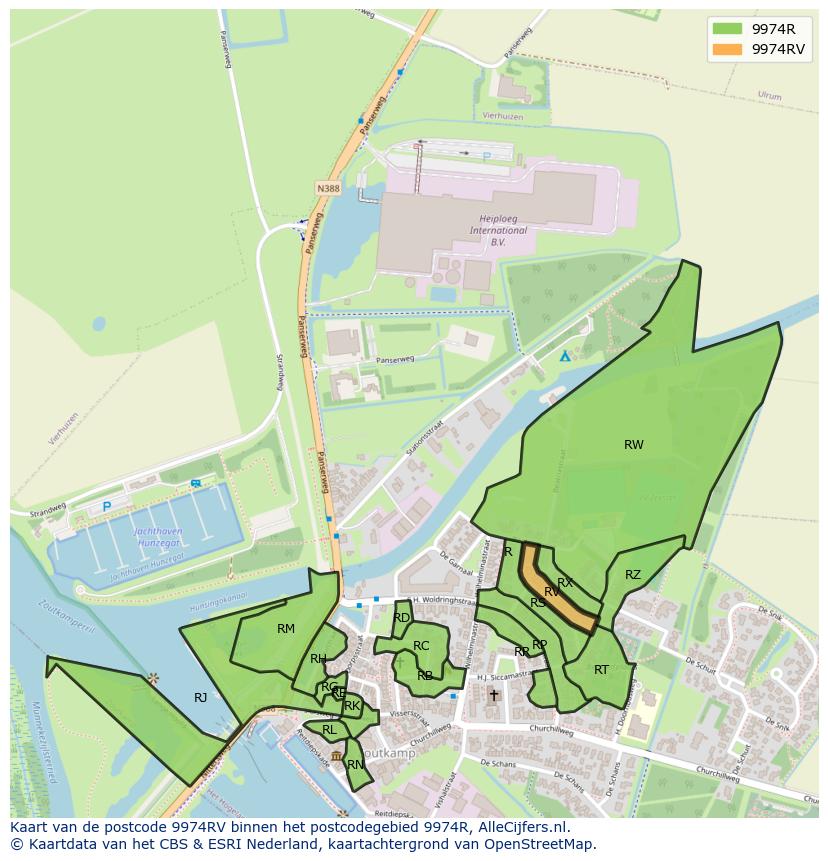 Afbeelding van het postcodegebied 9974 RV op de kaart.