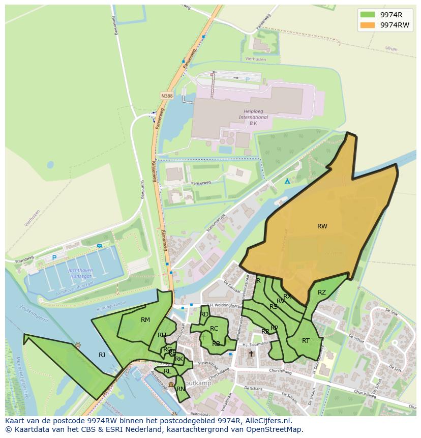 Afbeelding van het postcodegebied 9974 RW op de kaart.