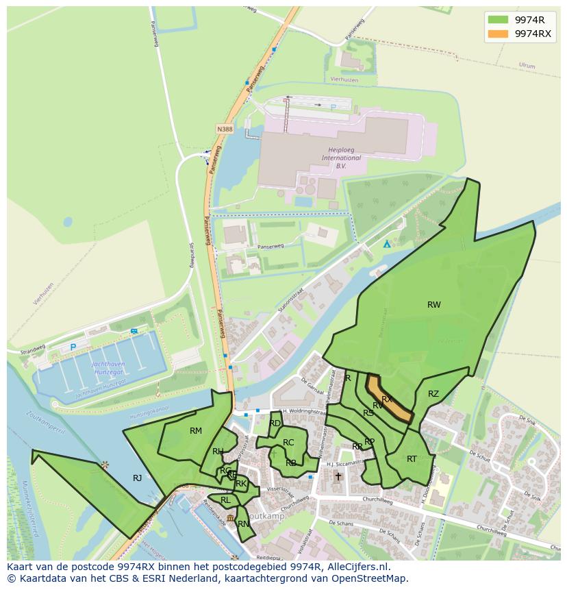 Afbeelding van het postcodegebied 9974 RX op de kaart.