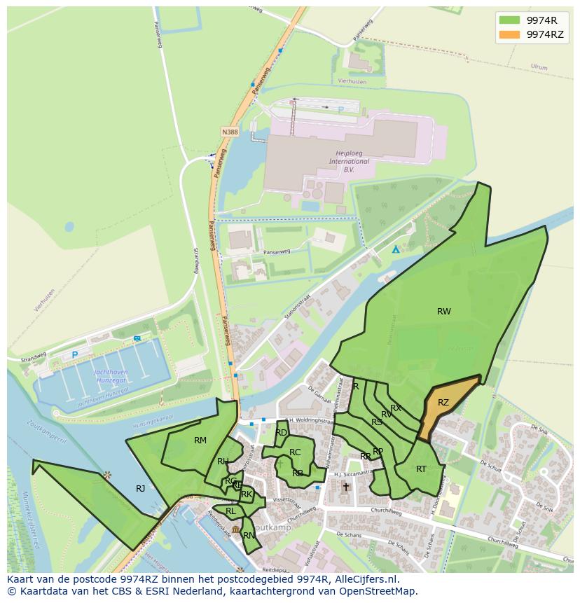 Afbeelding van het postcodegebied 9974 RZ op de kaart.