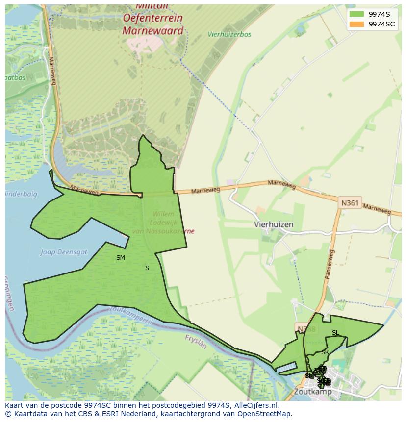 Afbeelding van het postcodegebied 9974 SC op de kaart.