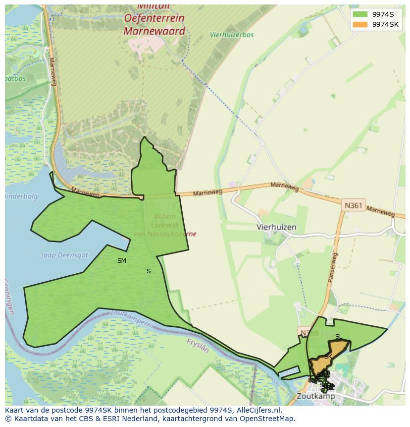 Afbeelding van het postcodegebied 9974 SK op de kaart.