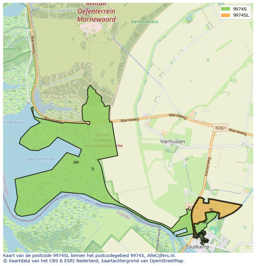 Afbeelding van het postcodegebied 9974 SL op de kaart.