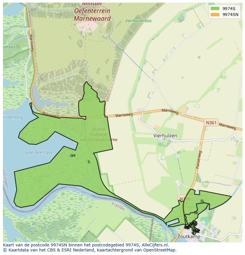 Afbeelding van het postcodegebied 9974 SN op de kaart.
