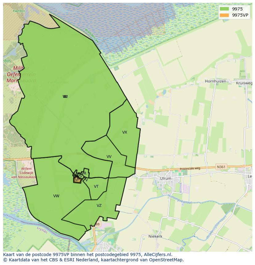 Afbeelding van het postcodegebied 9975 VP op de kaart.