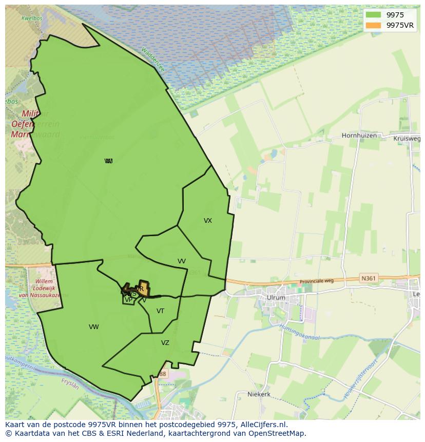 Afbeelding van het postcodegebied 9975 VR op de kaart.