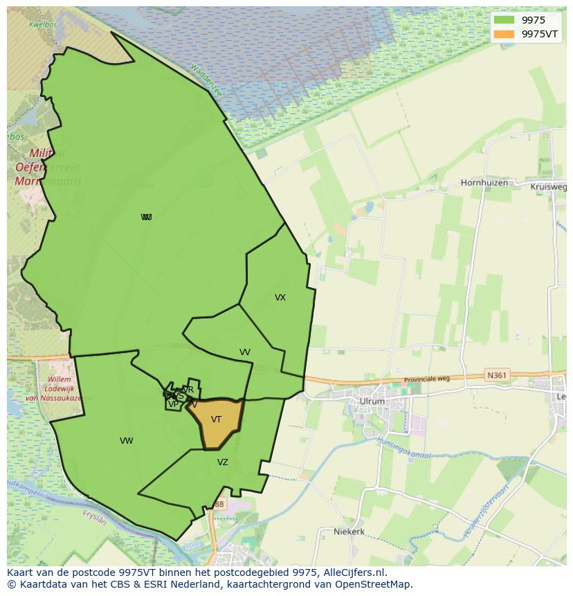 Afbeelding van het postcodegebied 9975 VT op de kaart.