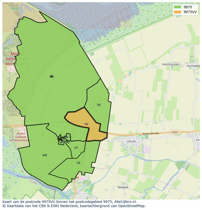 Afbeelding van het postcodegebied 9975 VV op de kaart.