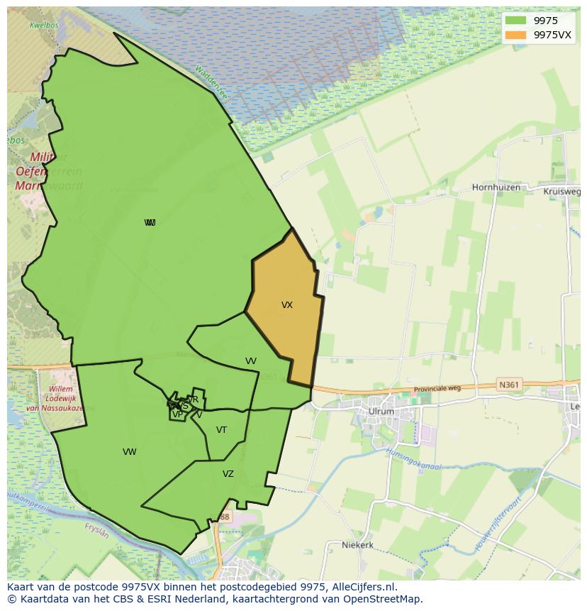 Afbeelding van het postcodegebied 9975 VX op de kaart.