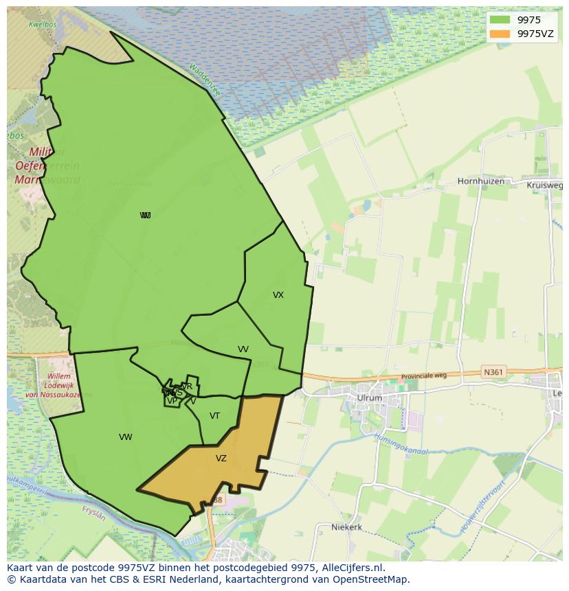 Afbeelding van het postcodegebied 9975 VZ op de kaart.