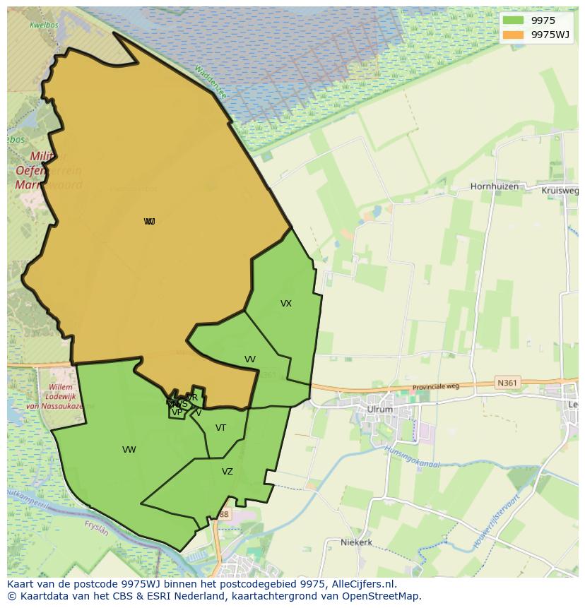 Afbeelding van het postcodegebied 9975 WJ op de kaart.