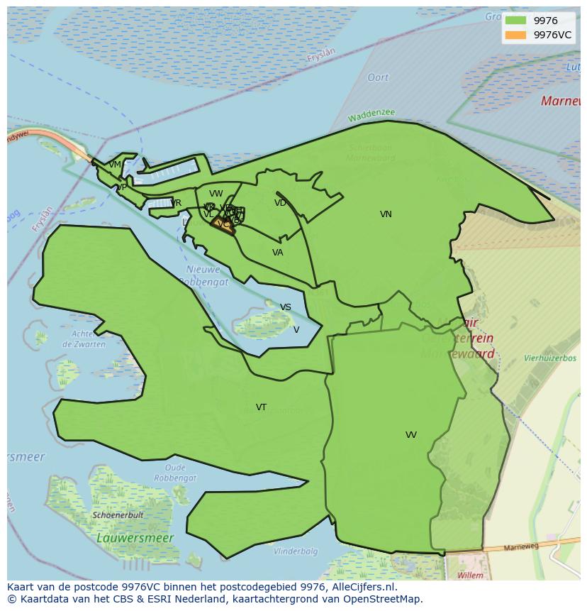 Afbeelding van het postcodegebied 9976 VC op de kaart.