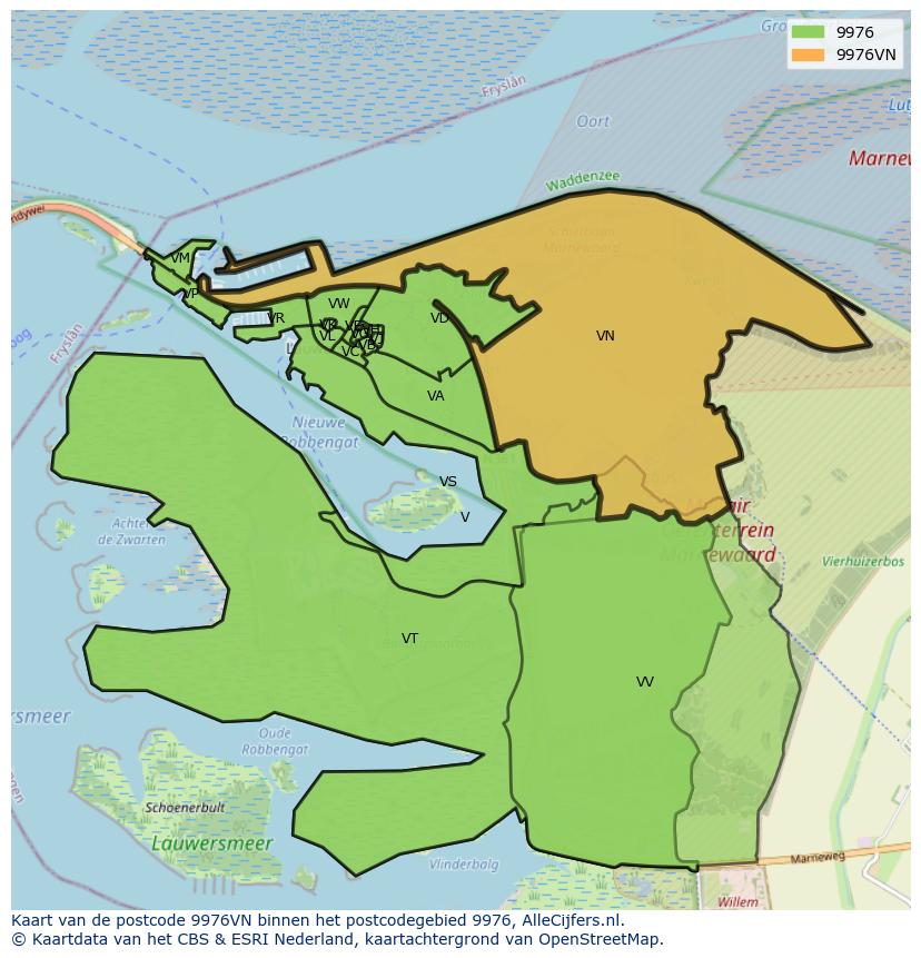 Afbeelding van het postcodegebied 9976 VN op de kaart.