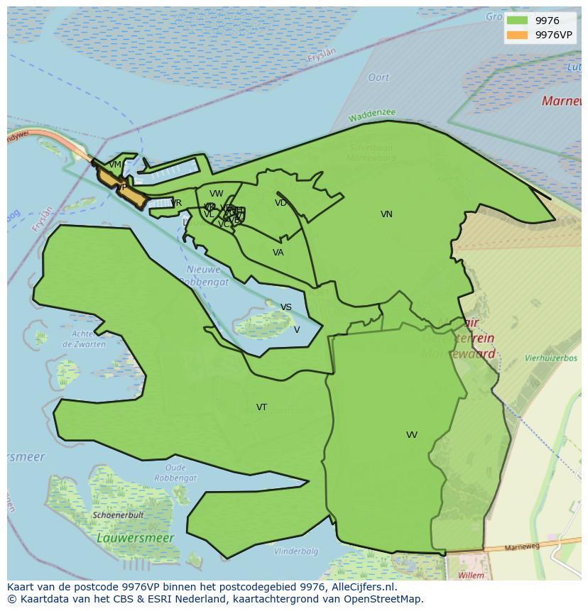 Afbeelding van het postcodegebied 9976 VP op de kaart.