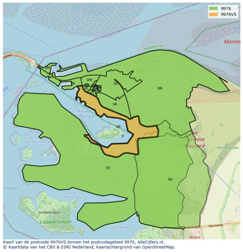 Afbeelding van het postcodegebied 9976 VS op de kaart.