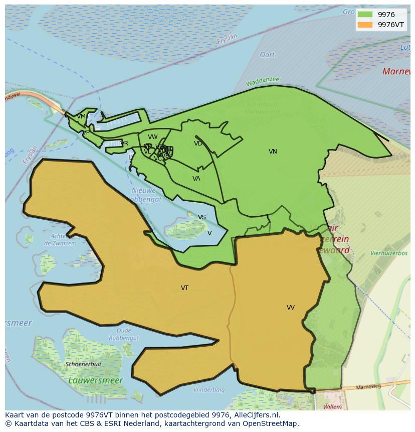 Afbeelding van het postcodegebied 9976 VT op de kaart.