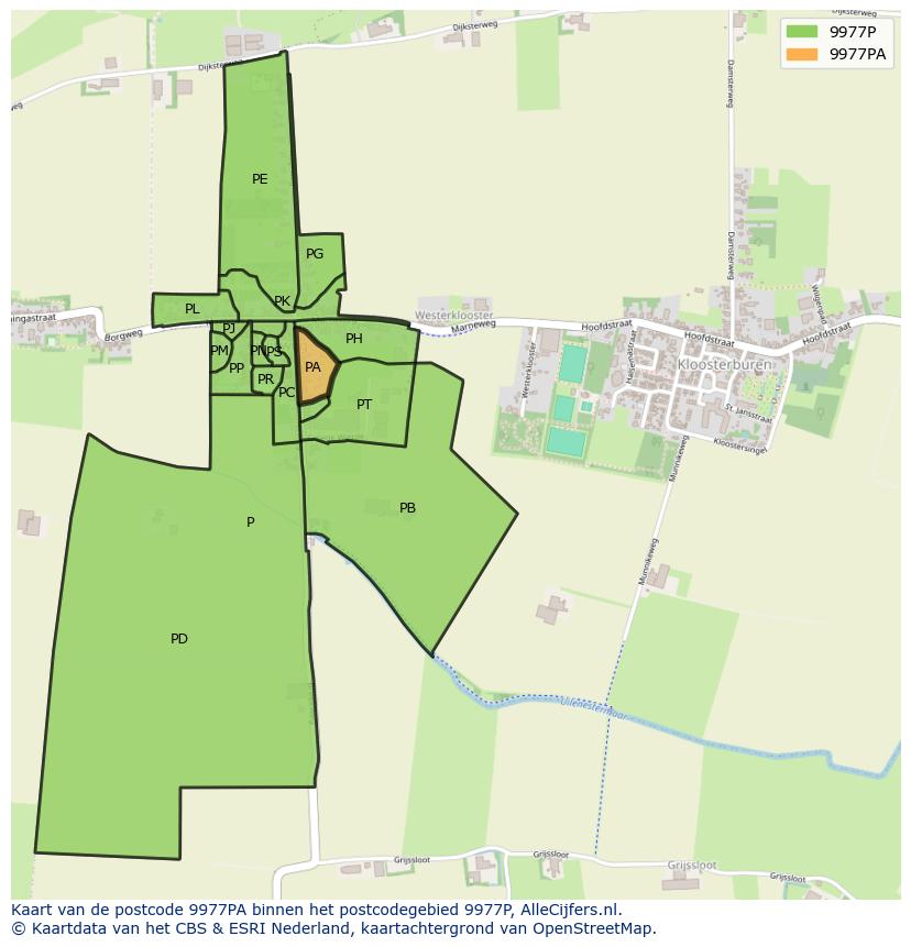 Afbeelding van het postcodegebied 9977 PA op de kaart.
