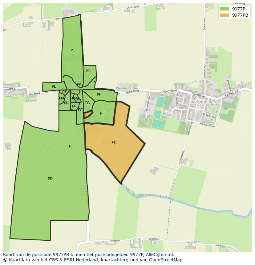 Afbeelding van het postcodegebied 9977 PB op de kaart.