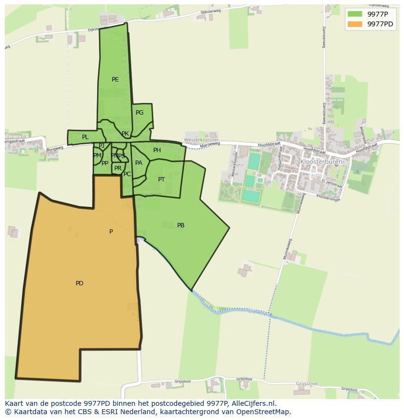 Afbeelding van het postcodegebied 9977 PD op de kaart.