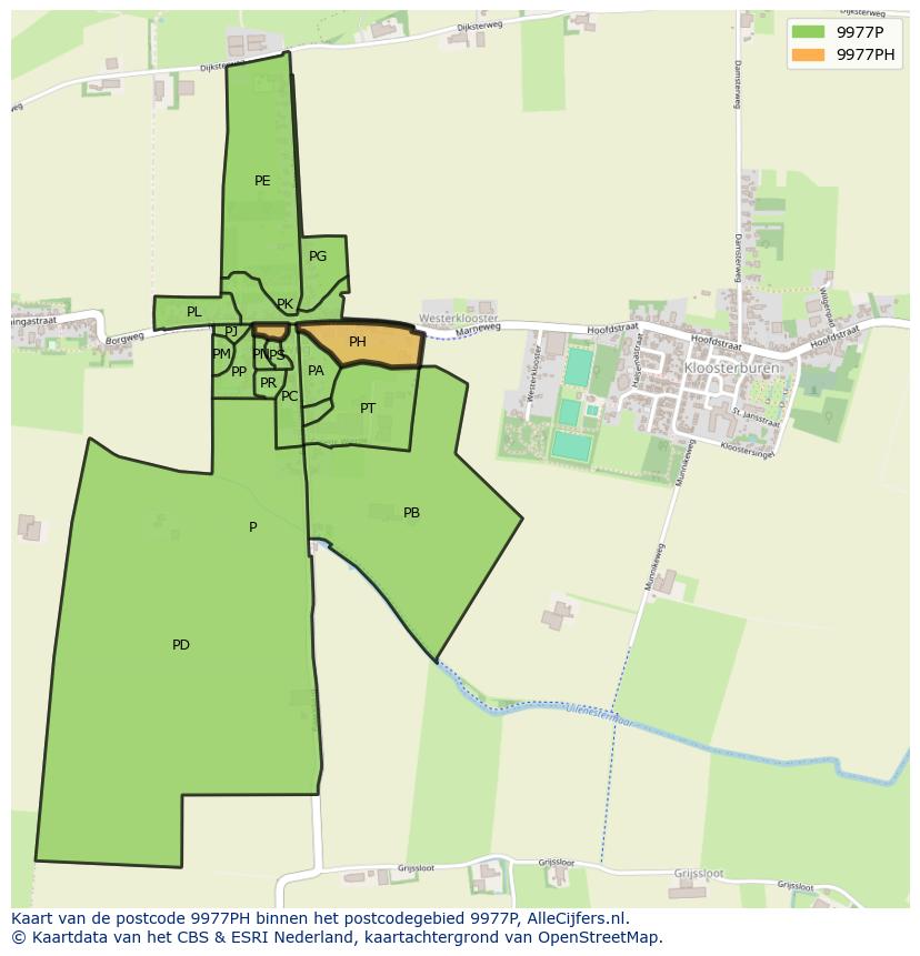 Afbeelding van het postcodegebied 9977 PH op de kaart.