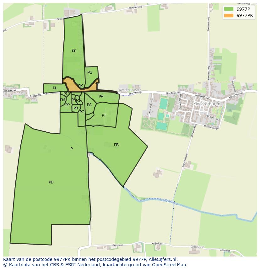Afbeelding van het postcodegebied 9977 PK op de kaart.
