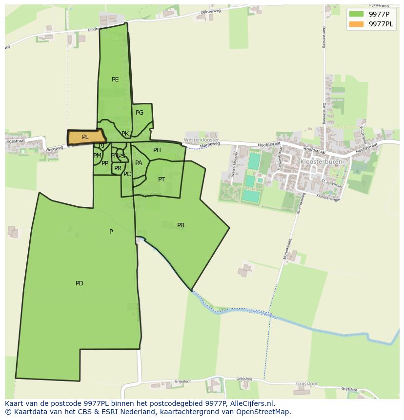 Afbeelding van het postcodegebied 9977 PL op de kaart.