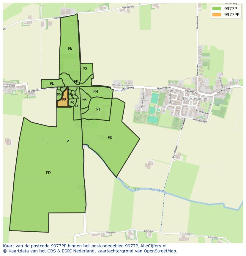 Afbeelding van het postcodegebied 9977 PP op de kaart.