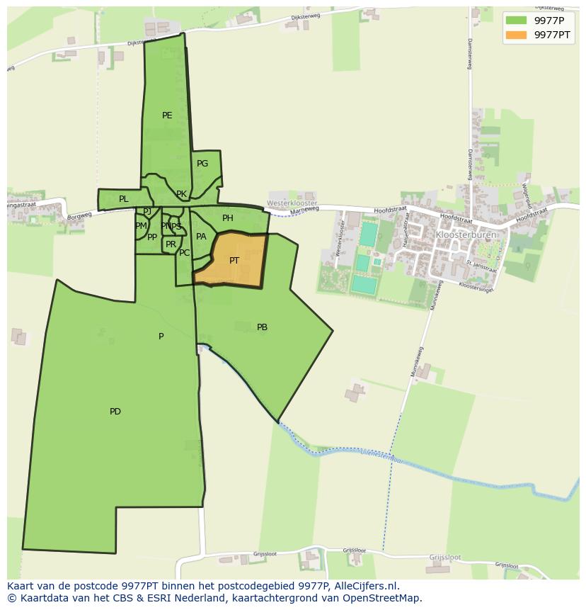Afbeelding van het postcodegebied 9977 PT op de kaart.