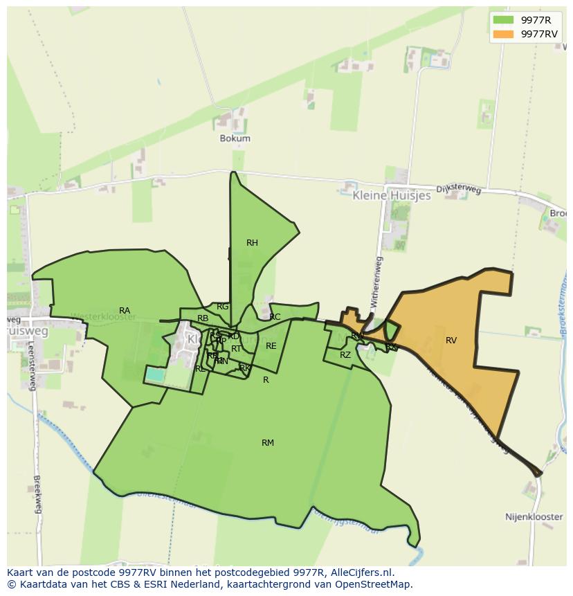 Afbeelding van het postcodegebied 9977 RV op de kaart.