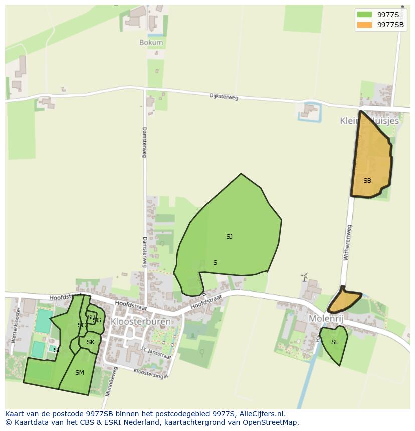 Afbeelding van het postcodegebied 9977 SB op de kaart.
