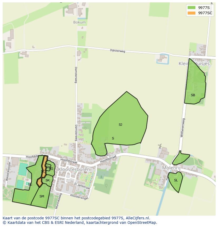 Afbeelding van het postcodegebied 9977 SC op de kaart.