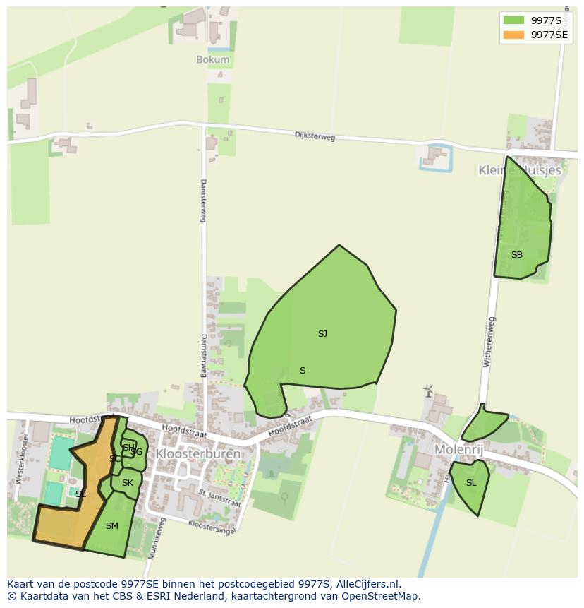 Afbeelding van het postcodegebied 9977 SE op de kaart.