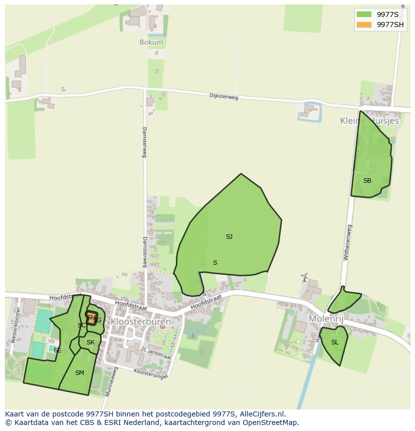 Afbeelding van het postcodegebied 9977 SH op de kaart.