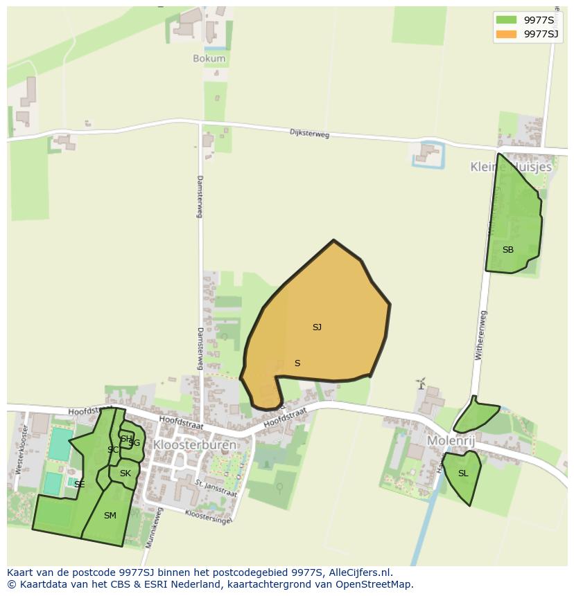 Afbeelding van het postcodegebied 9977 SJ op de kaart.