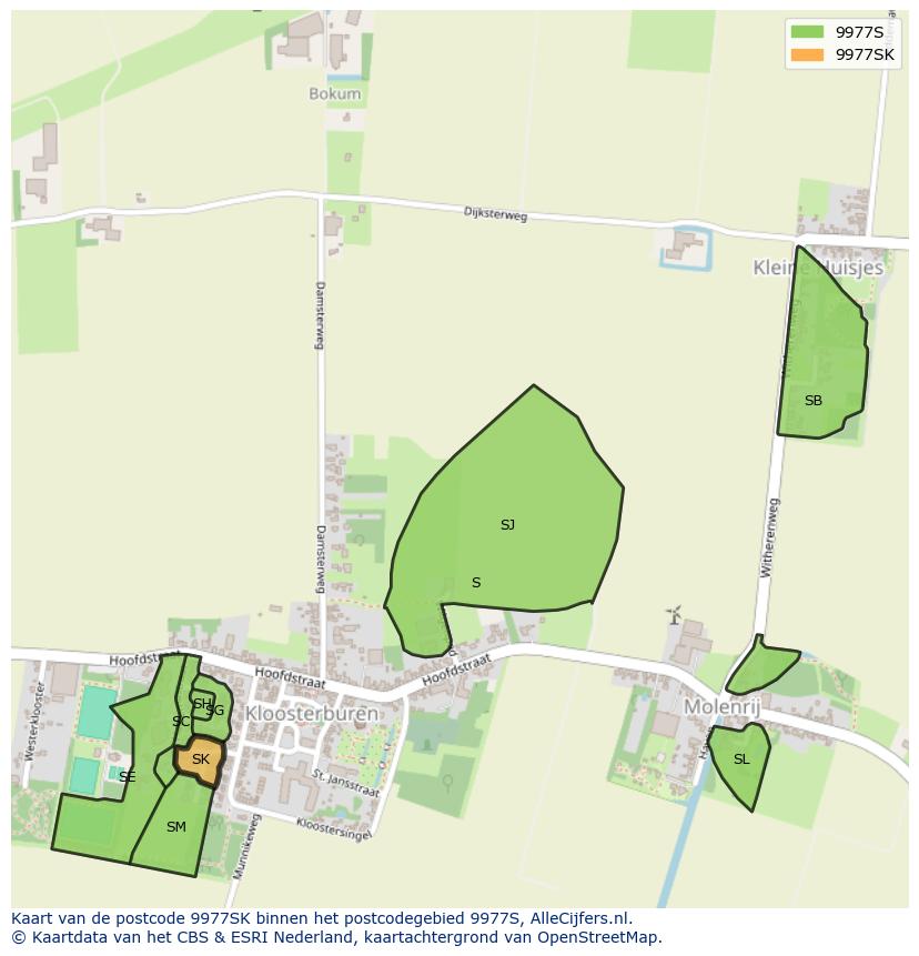 Afbeelding van het postcodegebied 9977 SK op de kaart.