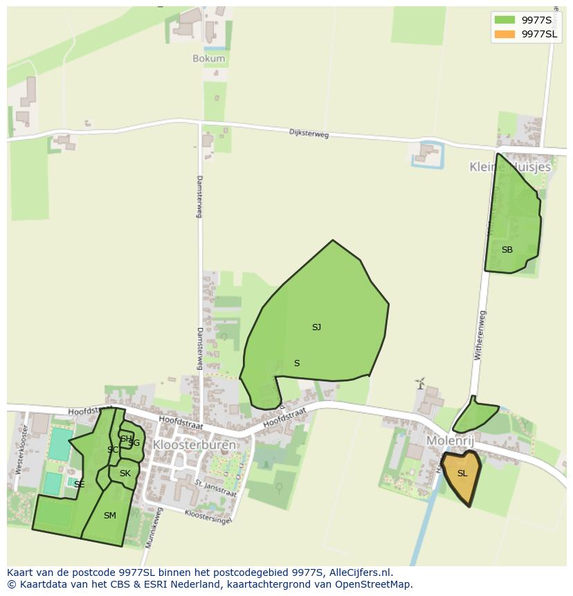 Afbeelding van het postcodegebied 9977 SL op de kaart.