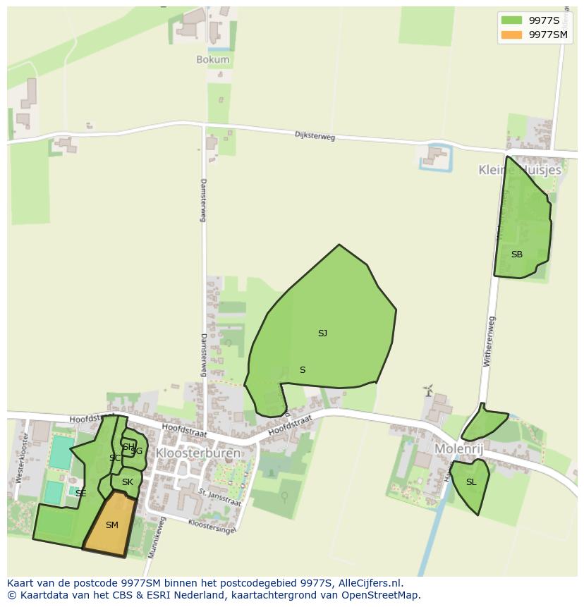 Afbeelding van het postcodegebied 9977 SM op de kaart.