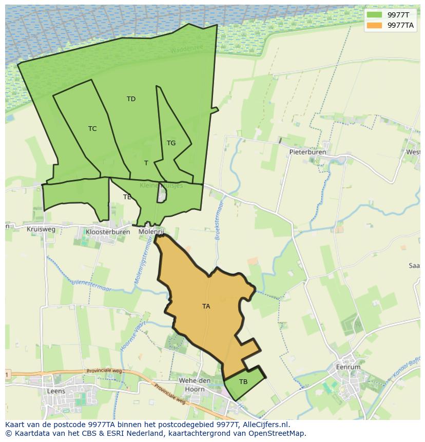 Afbeelding van het postcodegebied 9977 TA op de kaart.