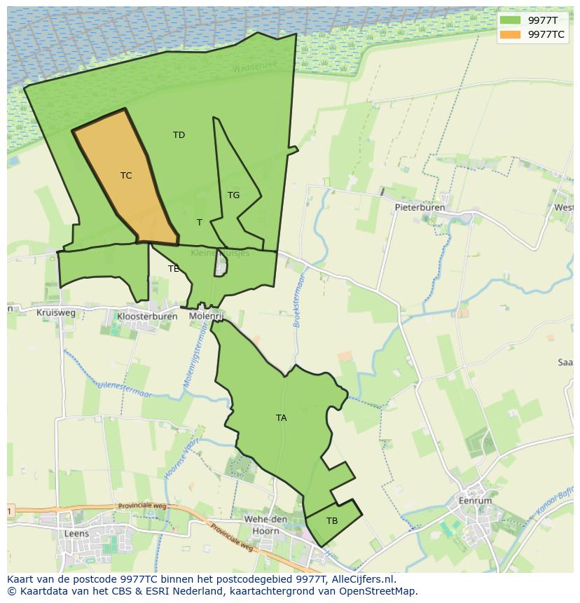 Afbeelding van het postcodegebied 9977 TC op de kaart.