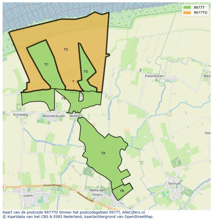 Afbeelding van het postcodegebied 9977 TD op de kaart.