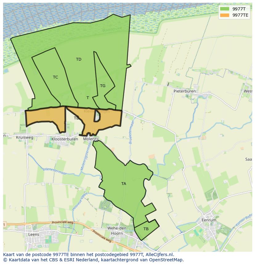 Afbeelding van het postcodegebied 9977 TE op de kaart.