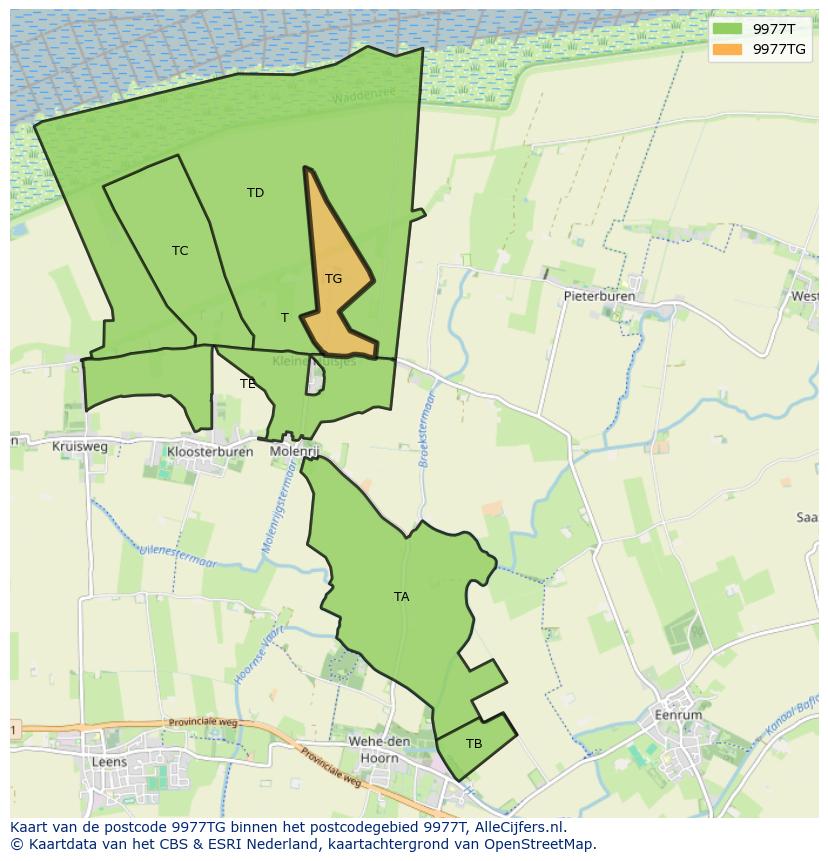 Afbeelding van het postcodegebied 9977 TG op de kaart.
