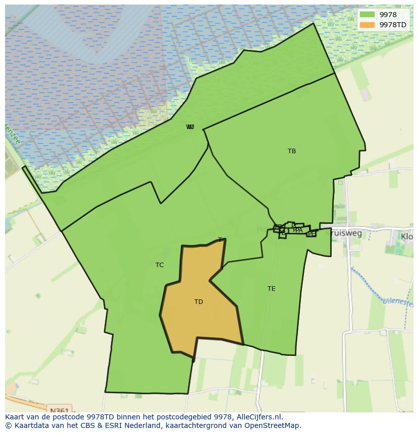 Afbeelding van het postcodegebied 9978 TD op de kaart.