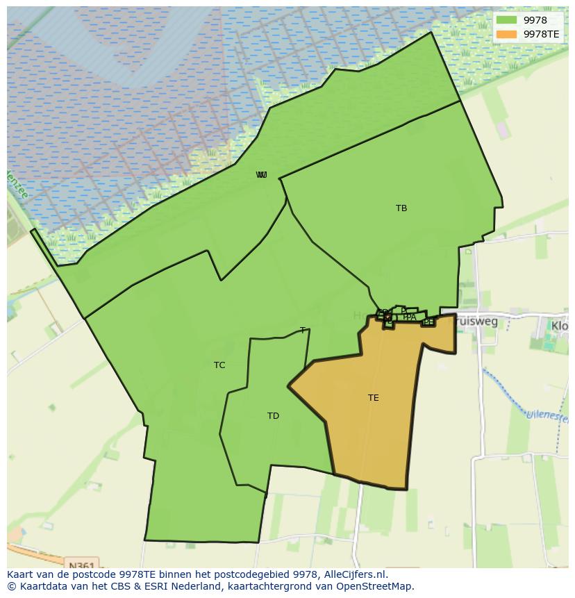 Afbeelding van het postcodegebied 9978 TE op de kaart.