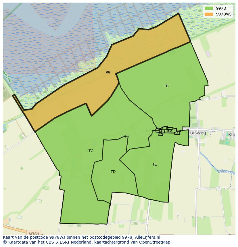 Afbeelding van het postcodegebied 9978 WJ op de kaart.