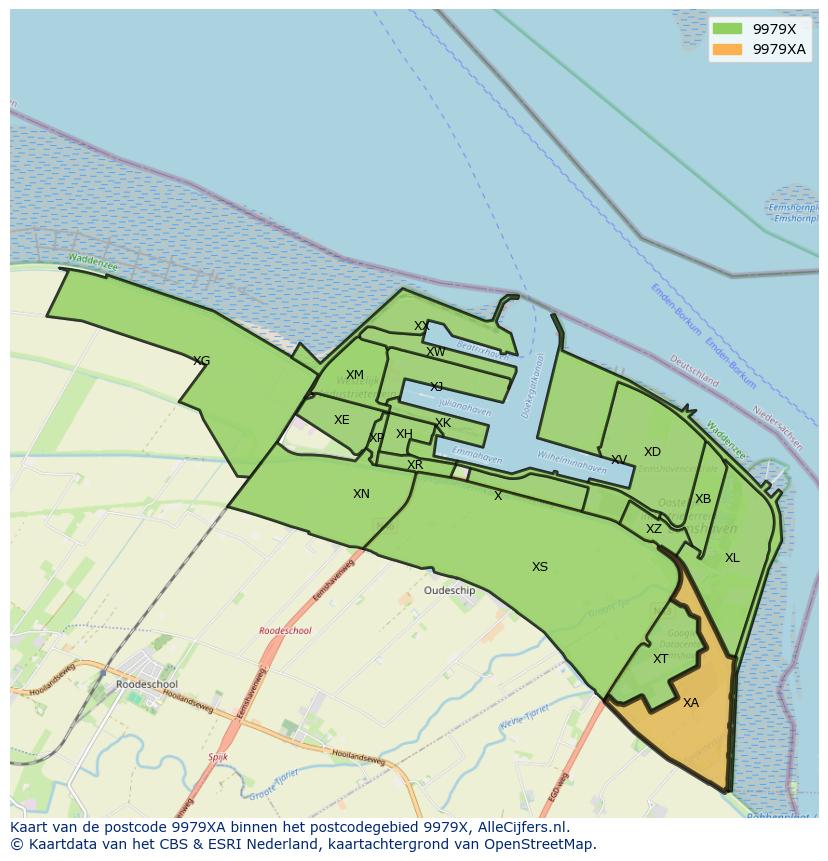 Afbeelding van het postcodegebied 9979 XA op de kaart.