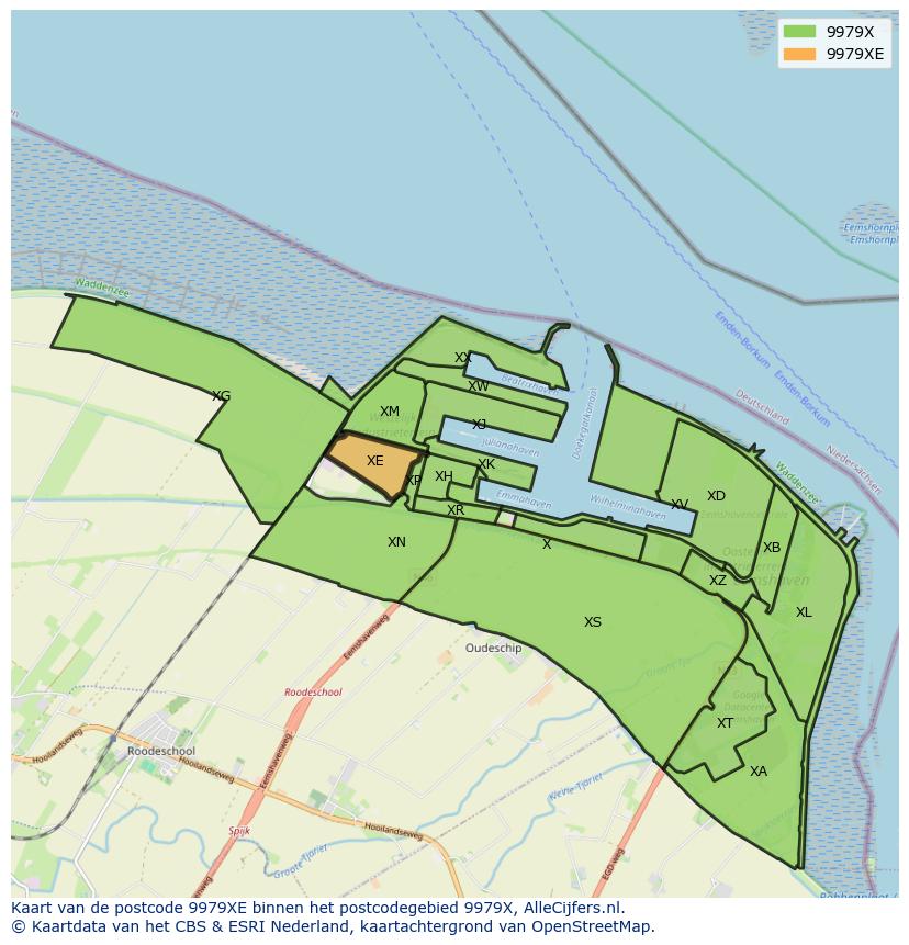 Afbeelding van het postcodegebied 9979 XE op de kaart.